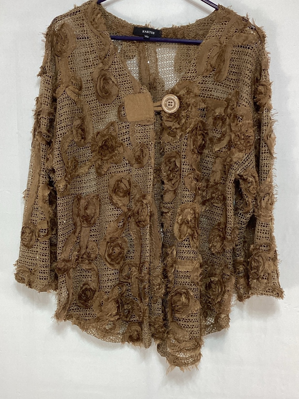 Kaktus XL Brown Floral Applique Open Knit Cardigan
